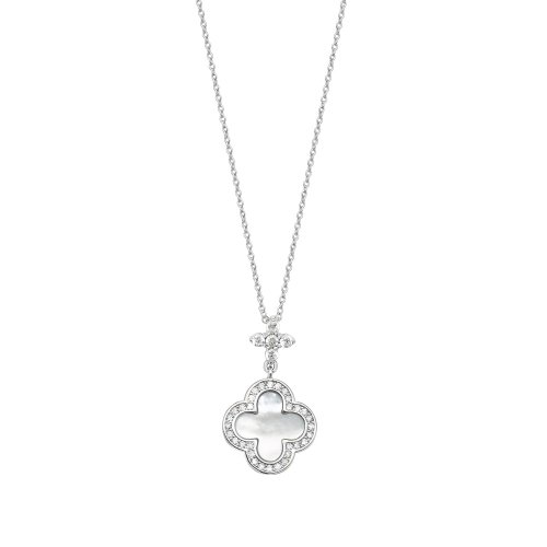 Silver Mother Of Pearl And Cz Clover Pendant On Fixed Chain SPG0069