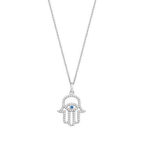 Silver Blue And White Cz Hamsa & Evil Eye Pendant And Chain SPG0071