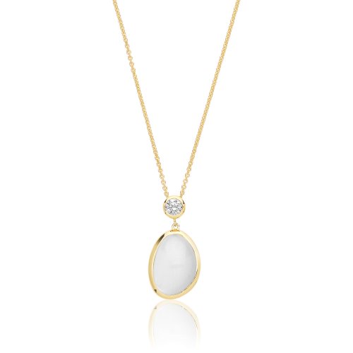 Silver Yellow Gold Plated White Moon Stone With Single Cz Pendant And Chain SPG0075Y