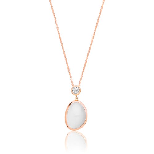 Silver Rose Gold Plated White Moon Stone With Single Cz Pendant And Chain SPG0075R