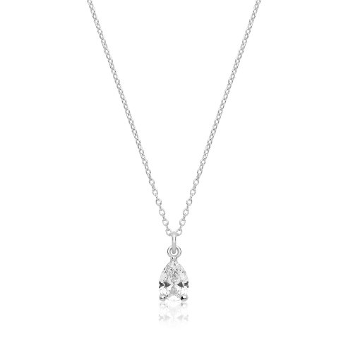 Silver Single Pear Shape Cz Claw Set Pendant And Chain SPG0080