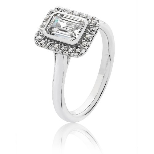 Silver Halo Emerald Cut Cz Bezel Set Ring SRG0022CZ