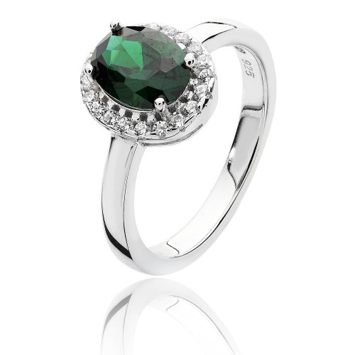 Silver Halo Green Oval Cz Ring SRG0038EM