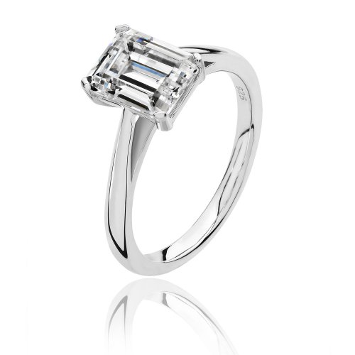 Silver Emerald Cut Solitaire Cz 4 Claw Set Ring SRG0087CZ