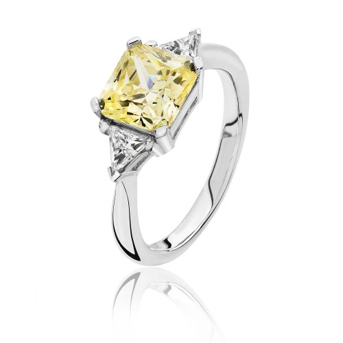 Silver Asscher Cut Centre Yellow Cz Claw Set With Triangular Sides Ring SRG0097YZ