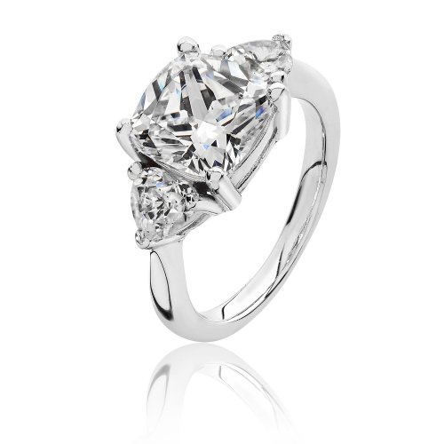 Silver Cushion Centre Cz Claw Set With Heart Shape Sides Triangular Ring SRG0098CZ