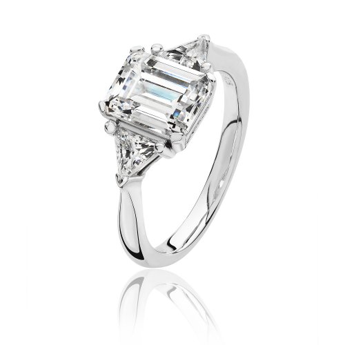 Silver Emerald Cut Centre Cz Claw Set With Traingular Sides Ring SRG0100CZ