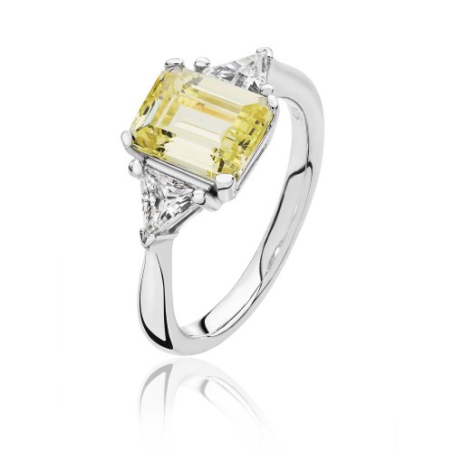 Silver Emerald Cut Centre Yellow Cz Claw Set With Traingular Sides Ring SRG0100YZ