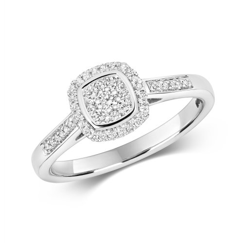 Diamond Cushion Cluster With Grain Set Shoulders Ring In 9ct Gold 