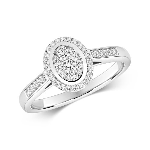 Diamond Oval Cluster With Grain Set Shoulders Ring In 9ct White Gold 