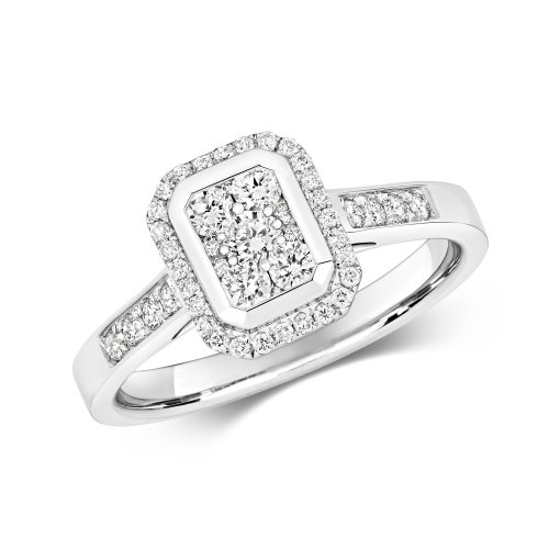 Diamond Octagon Cluster With Grain Set Shoulders Ring In 9ct White Gold 