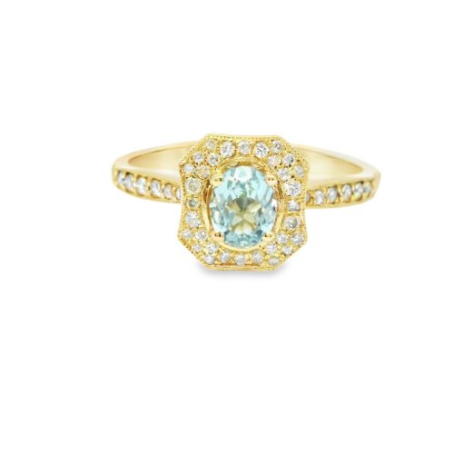 Vintage Style 9ct Yellow Gold Diamond and Aquamarine Ring Size N