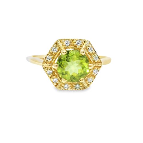 9ct Yellow Gold Peridot and Diamond Hexagonal Ring Size N