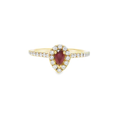 18ct Yellow Gold Pear Shaped Ruby and Diamond Ring Size K