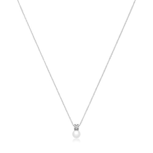 Silver Rhodium Plated Fresh Water Pearl/cz Necklet 6mm 