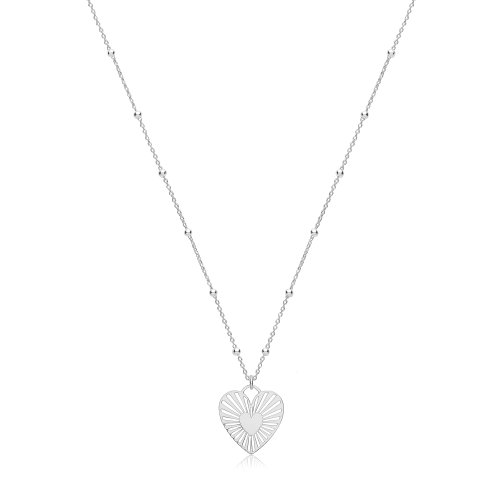 Silver Rolo & Bead Heart Sunburst Necklet 