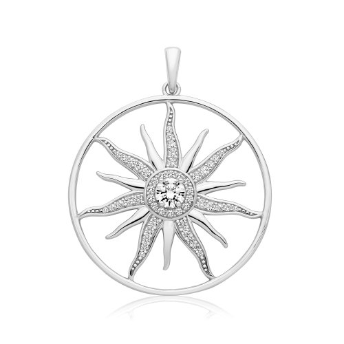 Silver Rhodium Cz Set Sun Pendent 