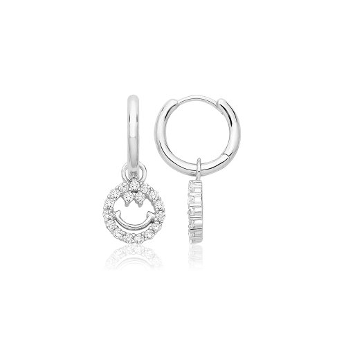 Silver Rhodium Cz Set Smiley Face Earrings 
