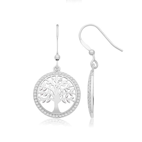 Silver Cz Tree Of Life Drop Earrings 