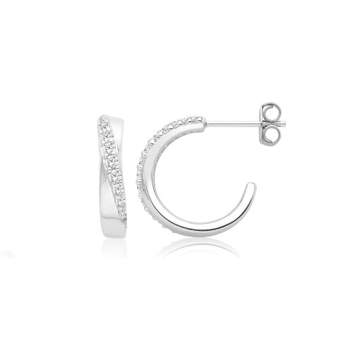 Silver Rhodium Cz Set Twisted Hoop Earrings 