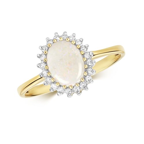 Diamond & Opal Oval Cluster Ring In 9ct Gold 