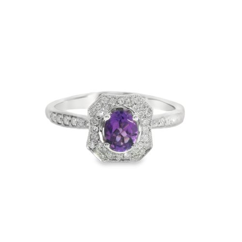 9ct White Gold Amethyst and Diamond Vintage Style Ring Size N