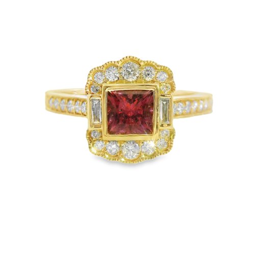 18ct Yellow Gold Pink Tourmaline and Diamond Ring Size M