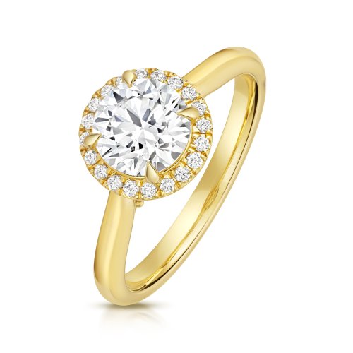 Lab Grown Certified Round Halo Plain Shoulders In 18ct Gold 