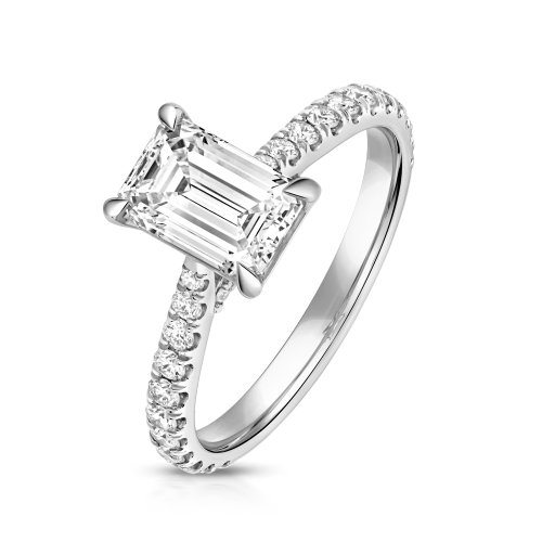 Lab Grown Certified Emerald Cut Solitaire Dia Set Shoulders In 18ct White Gold 