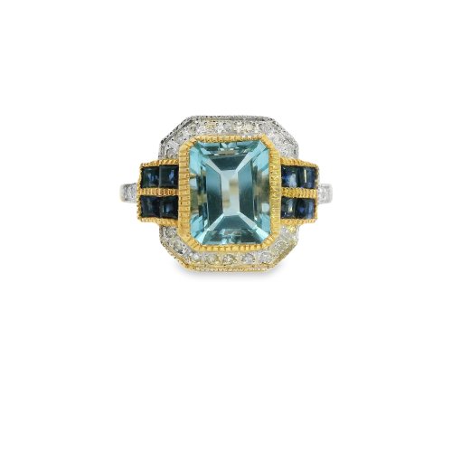 9ct Yellow Blue Topaz, Sapphire and diamond art deco style ring Size P