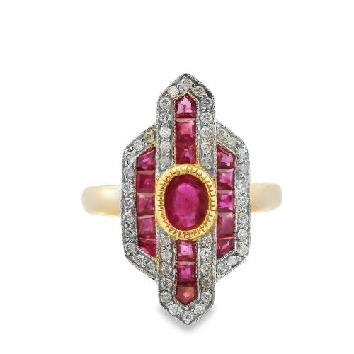 9ct Yellow Ruby and Diamond Art Deco style Ring Size O