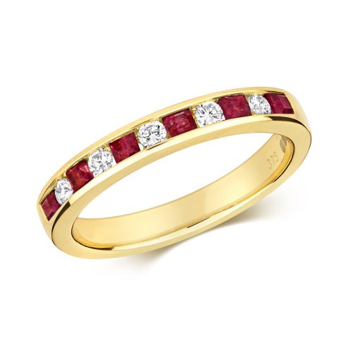 Diamond & Ruby Round And Princess Cut Channel Set Half Eternity In 9ct Gold 