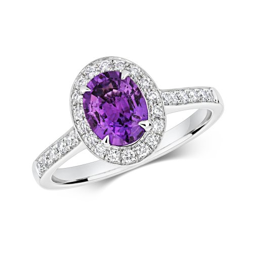 Diamond & Purple Sapphire Oval Cluster With Set Shoulders Ring In Platinum RDP220-