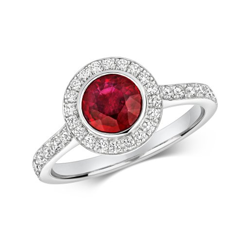 Diamond & Ruby Round Cluster With Set Shoulders Ring In 18ct White Gold RDQ237W-