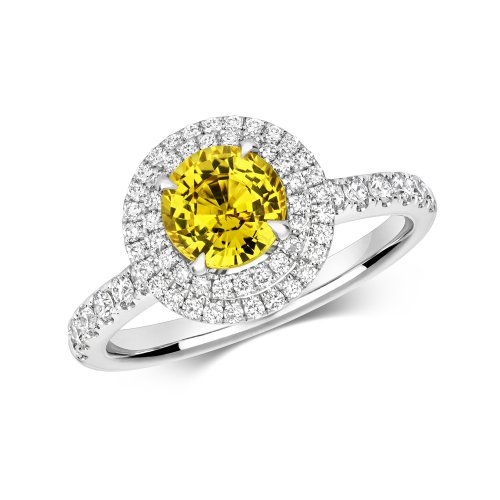 Diamond & Yellow Sapphire Round Double Cluster With Set Shoulders Ring In 18ct White Gold RDQ284W-