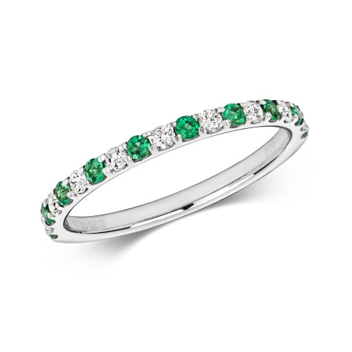 Diamond & Emerald Scallop Set Eternity Ring In 9ct White Gold 