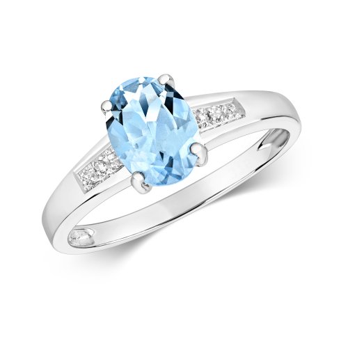 Diamond & Aquamarine Oval With Grain Set Shoulders Ring In 9ct White Gold 