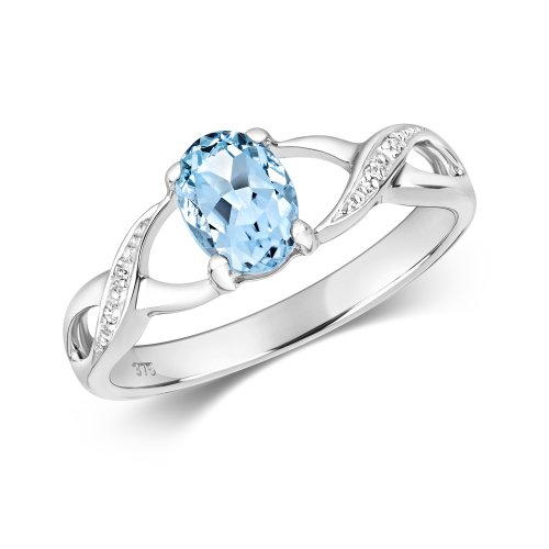 Diamond & Aquamarine Oval With Grain Set Plaited Shoulders Ring In 9ct White Gold 