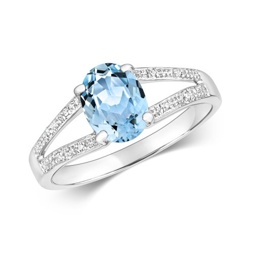 Diamond & Aquamarine Oval With Grain Set Split Shoulders Ring In 9ct White Gold 