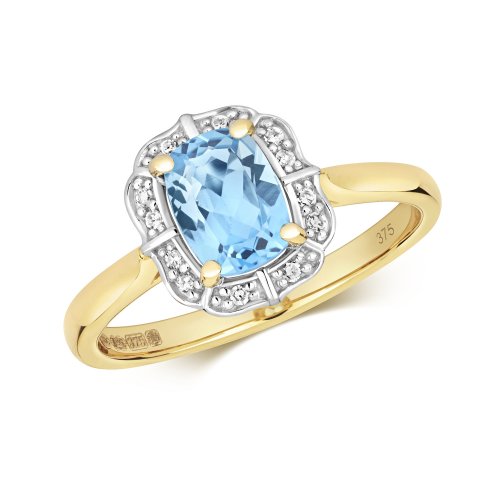 Diamond & Light Swiss Blue Topaz Cushion Deco Style Cluster Ring In 9ct Gold 