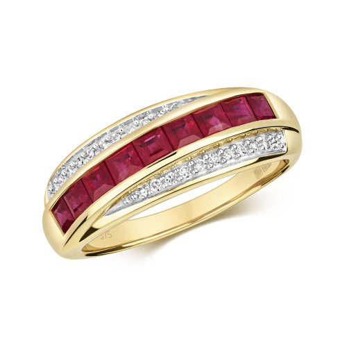 Diamond & Ruby Square And Grain Set Crossover Ring In 9ct Gold 