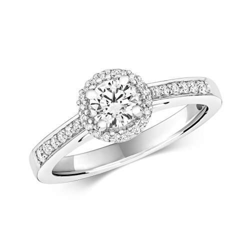 Diamond Halo With Grain Set Shoulders Ring In 18ct White Gold 