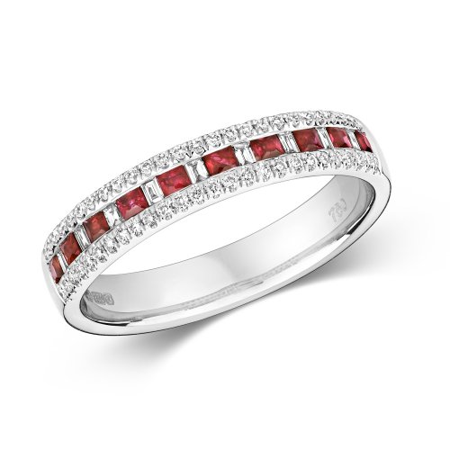 Diamond & Ruby Princess Cut And Baguette Channel Set Eternity Ring In 18ct White Gold 