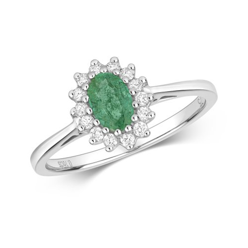 Diamond & Emerald Oval Cluster Ring In 9ct White Gold 