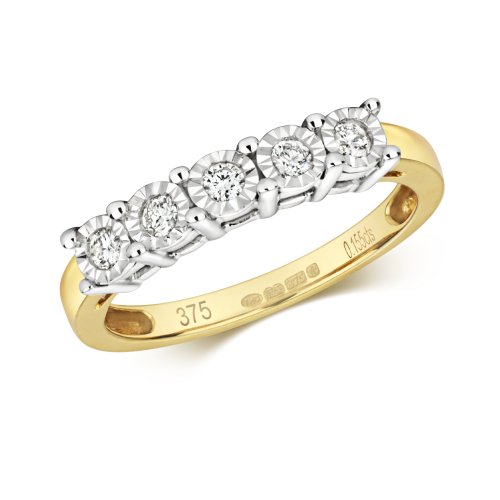 Diamond Illusion Set 5 Stone Ring In 9ct Gold 