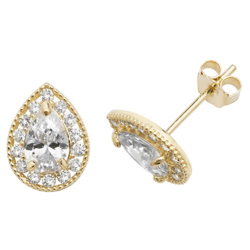 9ct Gold Pear Shape Cz Halo Studs 
