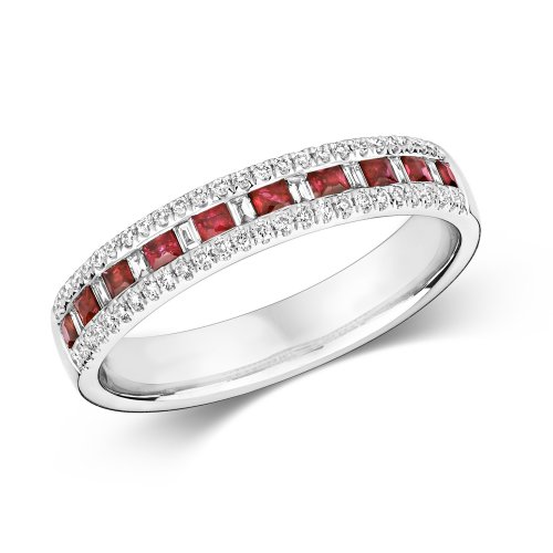 Diamond & Ruby Channel Set 3 Row Half Eternity Ring In 9ct White Gold 