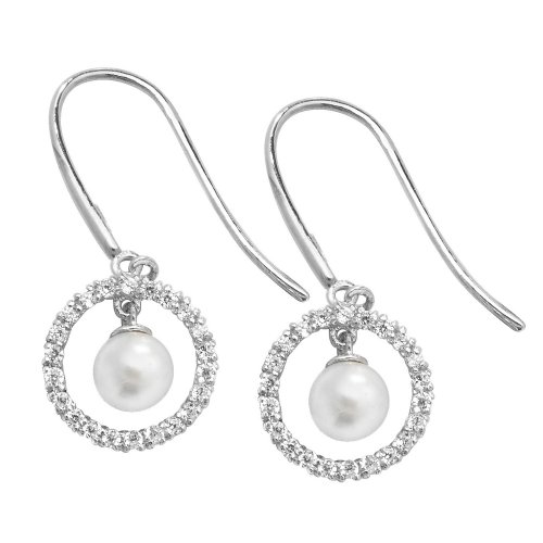 9ct White Gold Cz Circle And Dangle Pearl Drops 