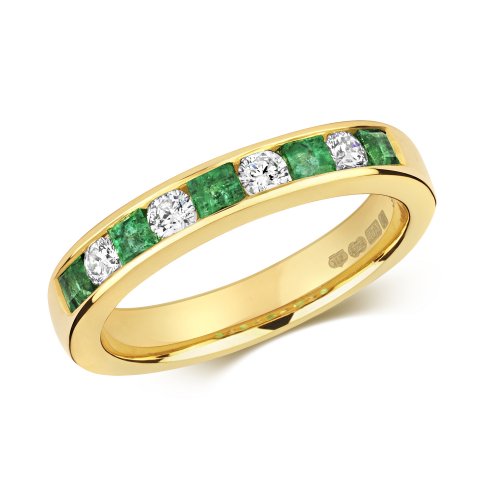 Diamond & Emerald Round And Princess Cut Channel Set Half Eternity Ring In 9ct Gold 