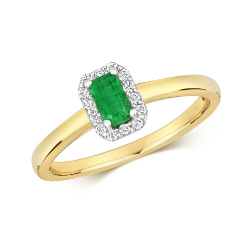 Diamond & Emerald Octagon Cluster Ring In 9ct Gold 